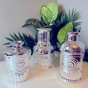 Silver Chrome Textured Glass Vases with Ornate Accents, Bud vase, Small vase